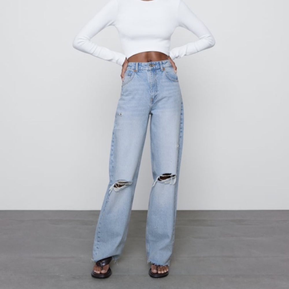 Zara Wide Leg Full length Ripped Jeans